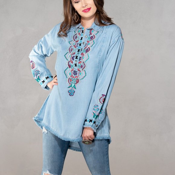 NWT Vintage Collection Charlie Floral Embroidered Tencel Denim Shirt - Picture 1 of 2